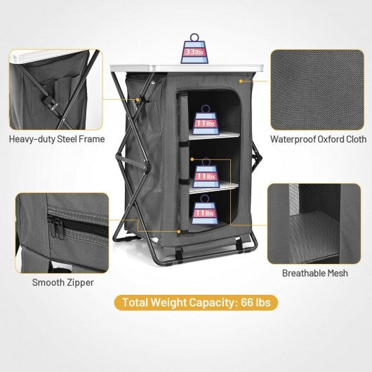 Folding Camping Storage Cabinet with 3 Shelves and Carry Bag-M - Color: Gray