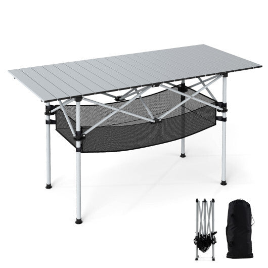 Patio Folding Camping Table with Roll-up Tabletop and Mesh Basket-Silver - Color: Silver