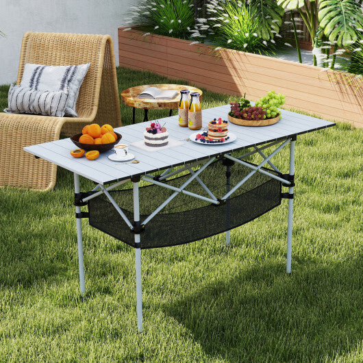 Patio Folding Camping Table with Roll-up Tabletop and Mesh Basket-Silver - Color: Silver