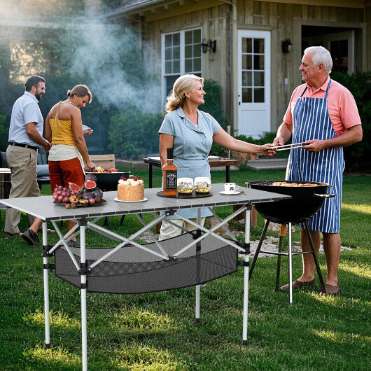 Patio Folding Camping Table with Roll-up Tabletop and Mesh Basket-Silver - Color: Silver