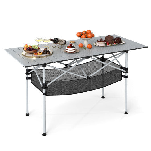 Patio Folding Camping Table with Roll-up Tabletop and Mesh Basket-Silver - Color: Silver