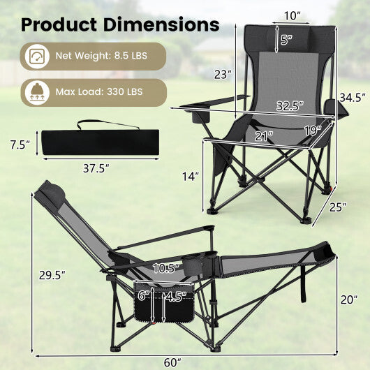Reclining Camping Chair with Removable Footrest and Adjustable Backrest-Gray - Color: Gray